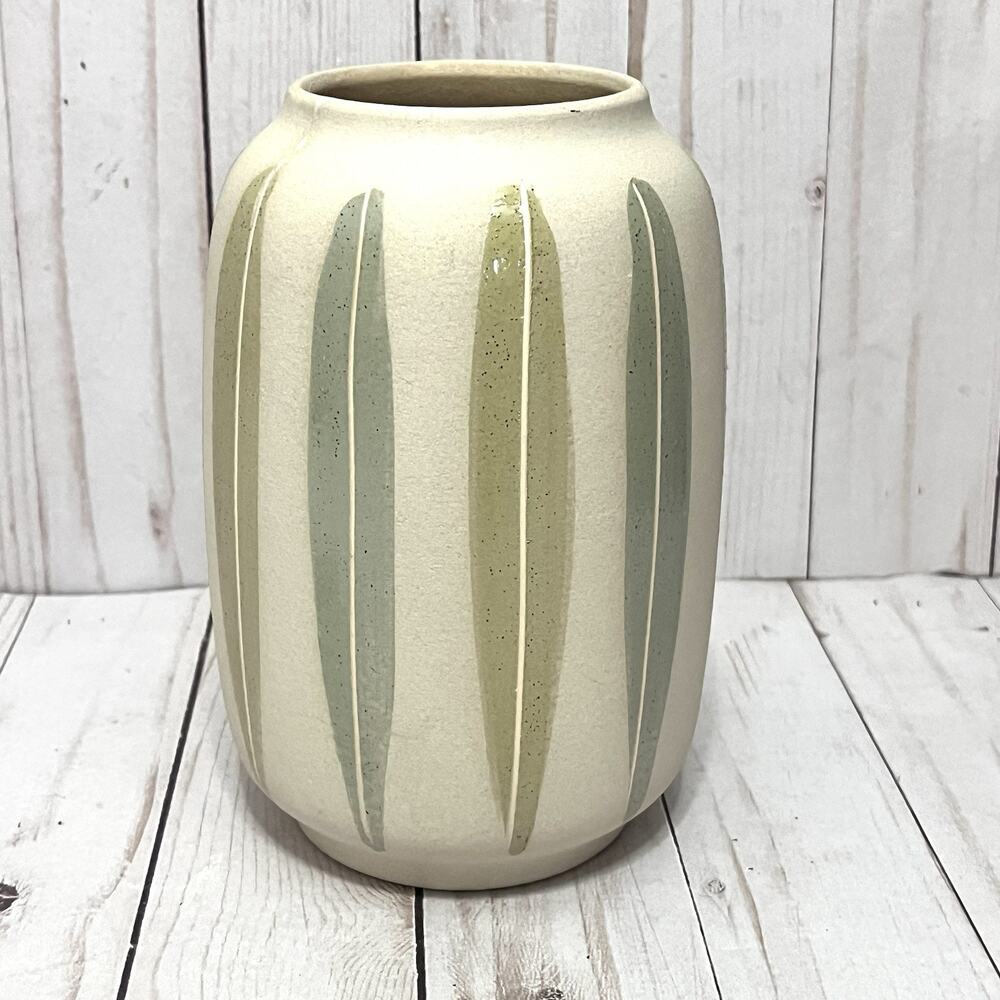 Vintage MCM Pottery Green Leaf/Feather Textured Scheurich Germany Vase - Stamped